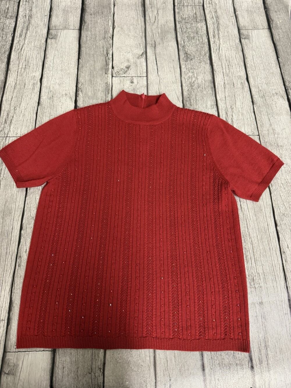 Women’s Alfred Dunner Short Sleeve Mockneck Beaded Sweater Crimson Red Sz Small